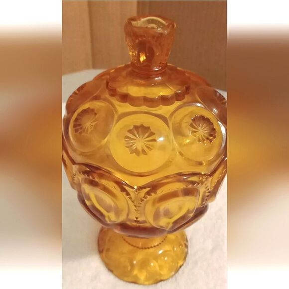 smith moon stars Other - Vintage Amber Depression Glass Smith Moon and Stars Covered Compote, Candy Dish